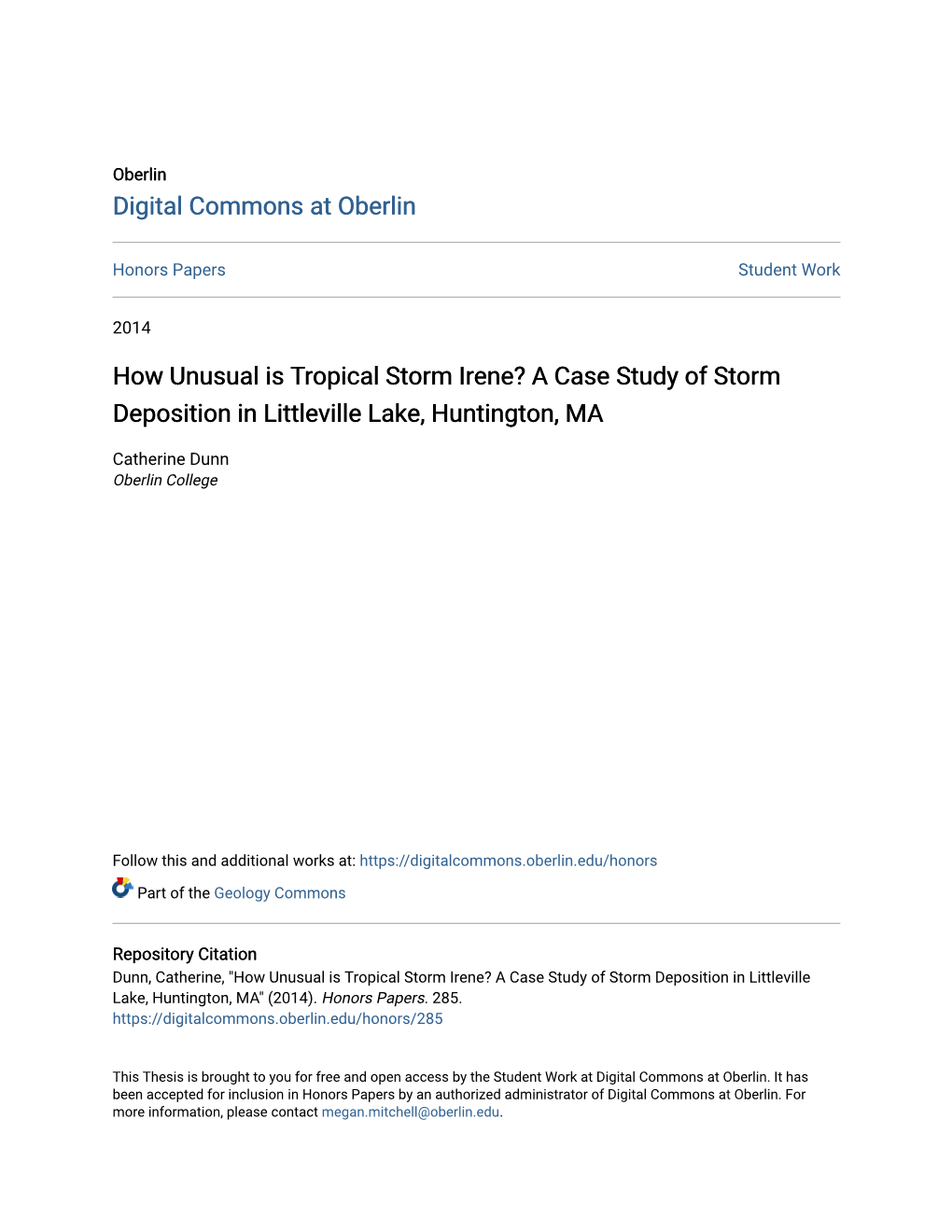 How Unusual Is Tropical Storm Irene? a Case Study of Storm Deposition in Littleville Lake, Huntington, MA