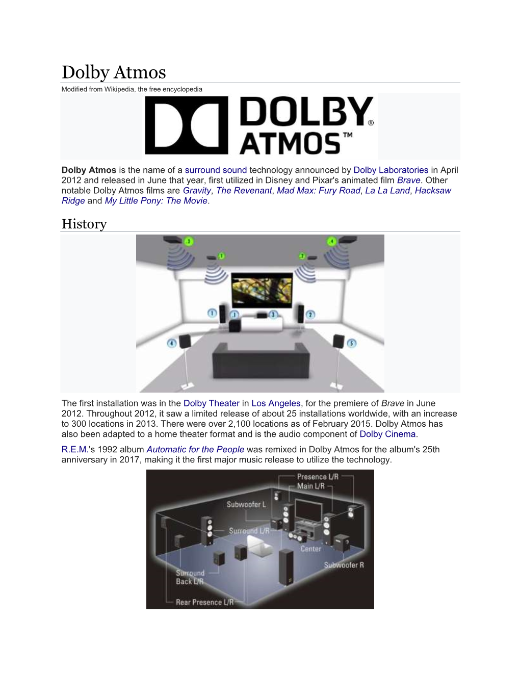 Dolby Atmos Modified from Wikipedia, the Free Encyclopedia