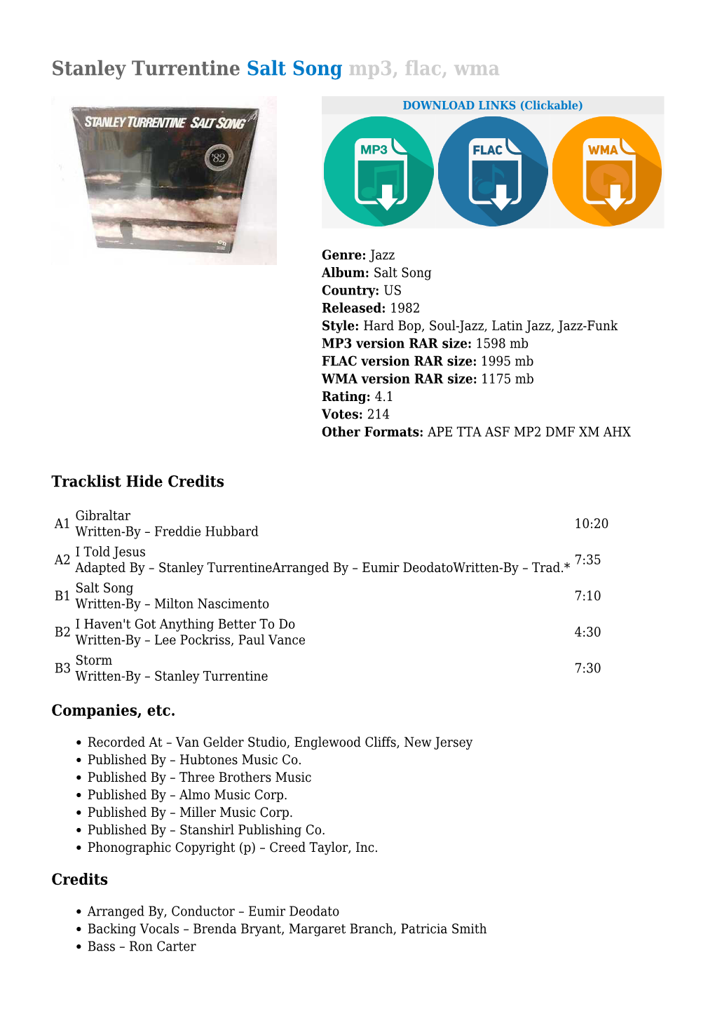 Stanley Turrentine Salt Song Mp3, Flac, Wma