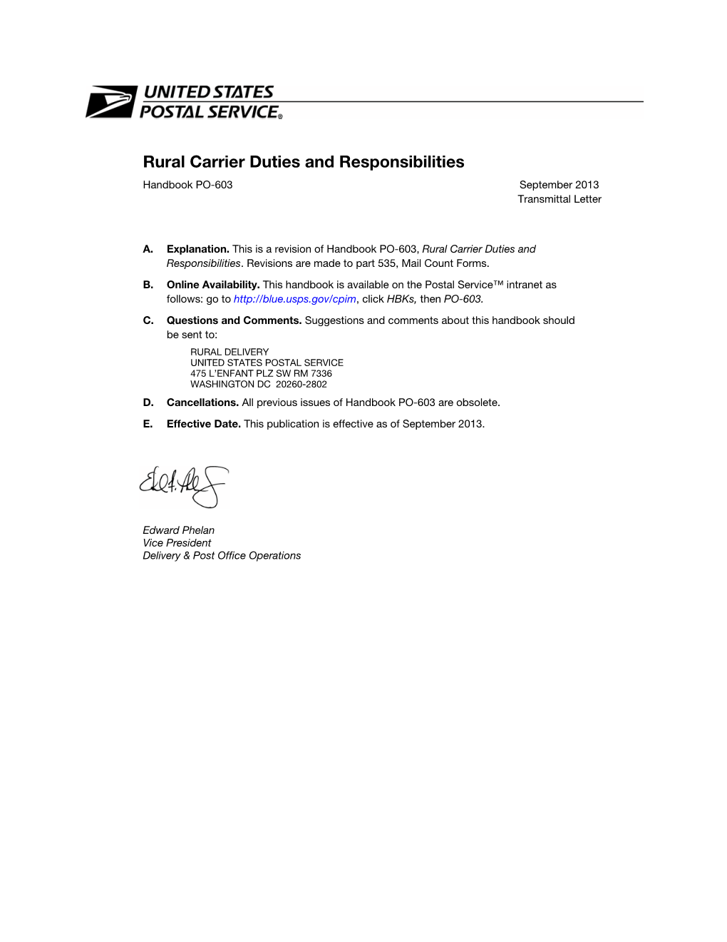 Handbook PO-603 September 2013 Transmittal Letter