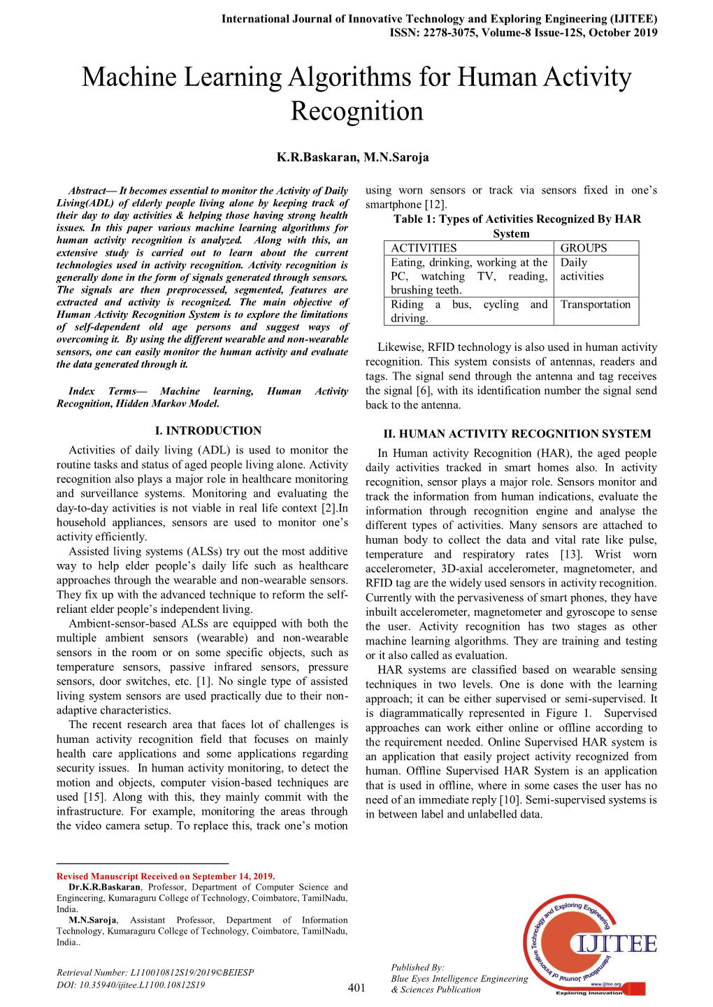 Machine Learning Algorithms for Human Activity Recognition