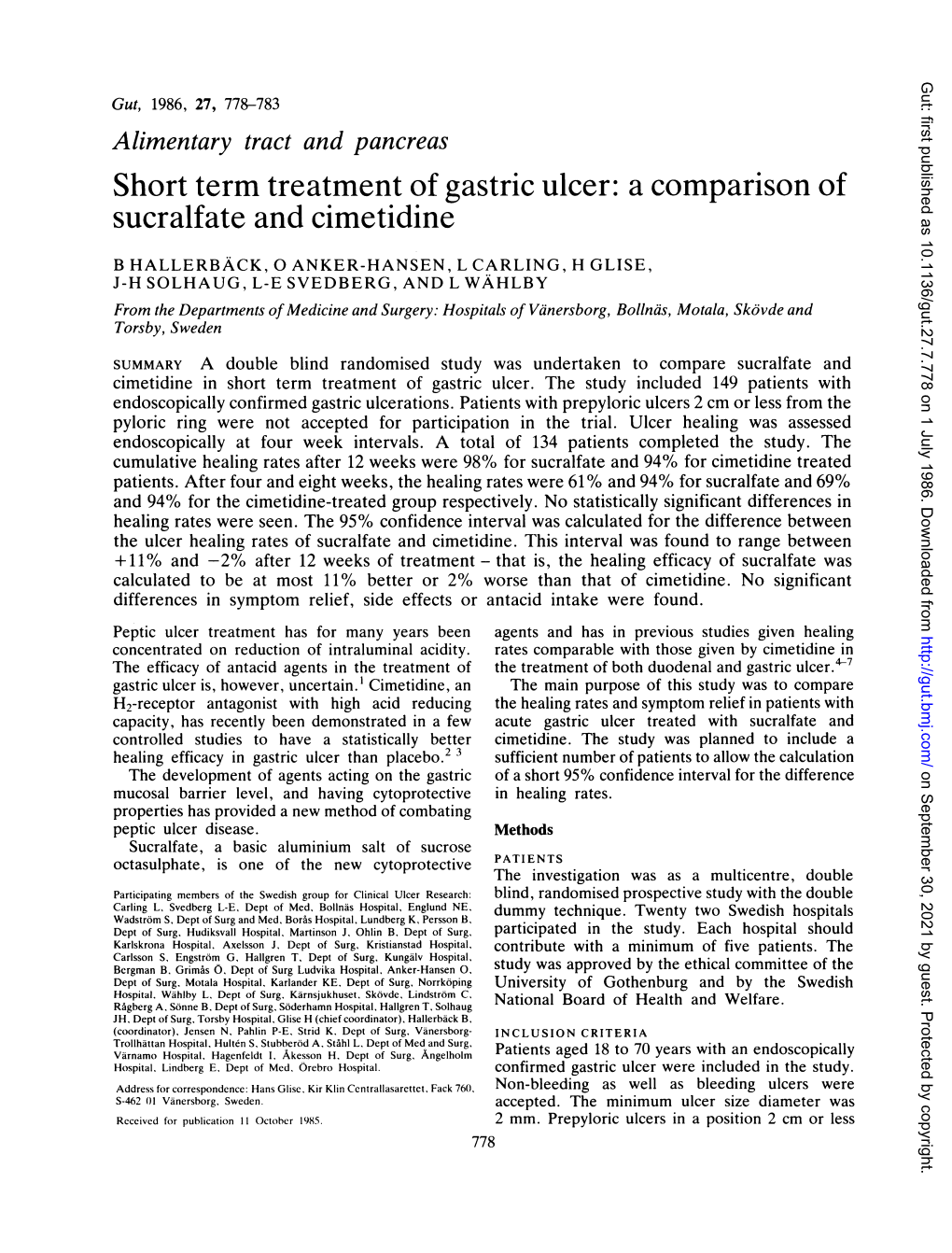 Short Term Treatment of Gastric Ulcer: a Comparison of Sucralfate and Cimetidine