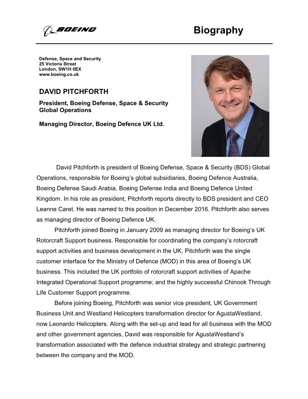 DAVID PITCHFORTH President, Boeing Defense, Space & Security Global Operations
