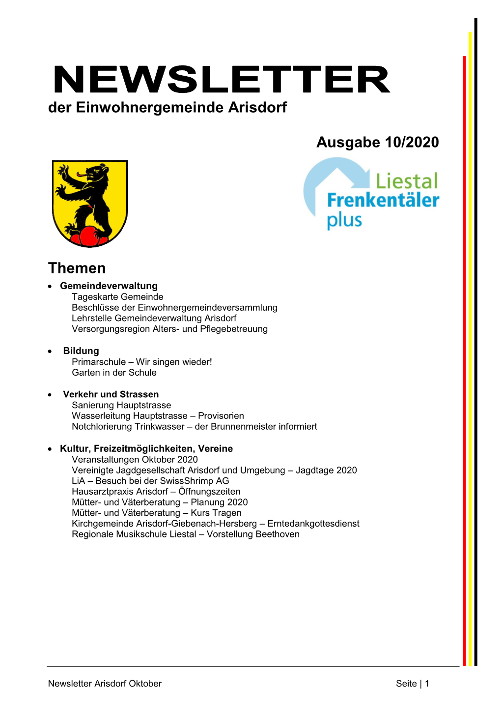 Der Einwohnergemeinde Arisdorf Ausgabe 10/2020 Themen