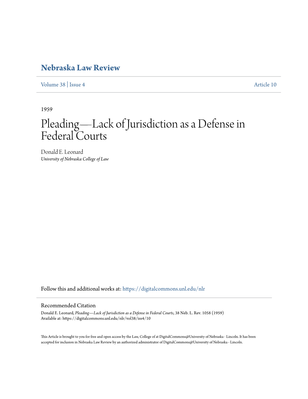 Pleading—Lack of Jurisdiction As a Defense in Federal Courts Donald E