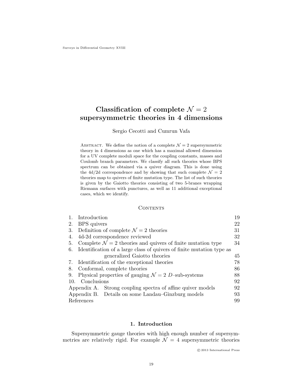 Classification of Complete N = 2 Supersymmetric Theories in 4