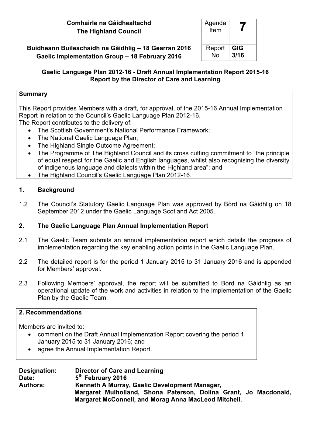 Item 7 Gaelic Language Plan 2012-16 – Draft