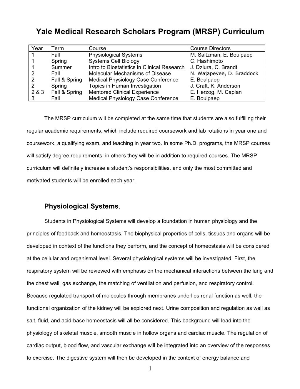 Yale Medical Research Scholars Program (MRSP) Curriculum