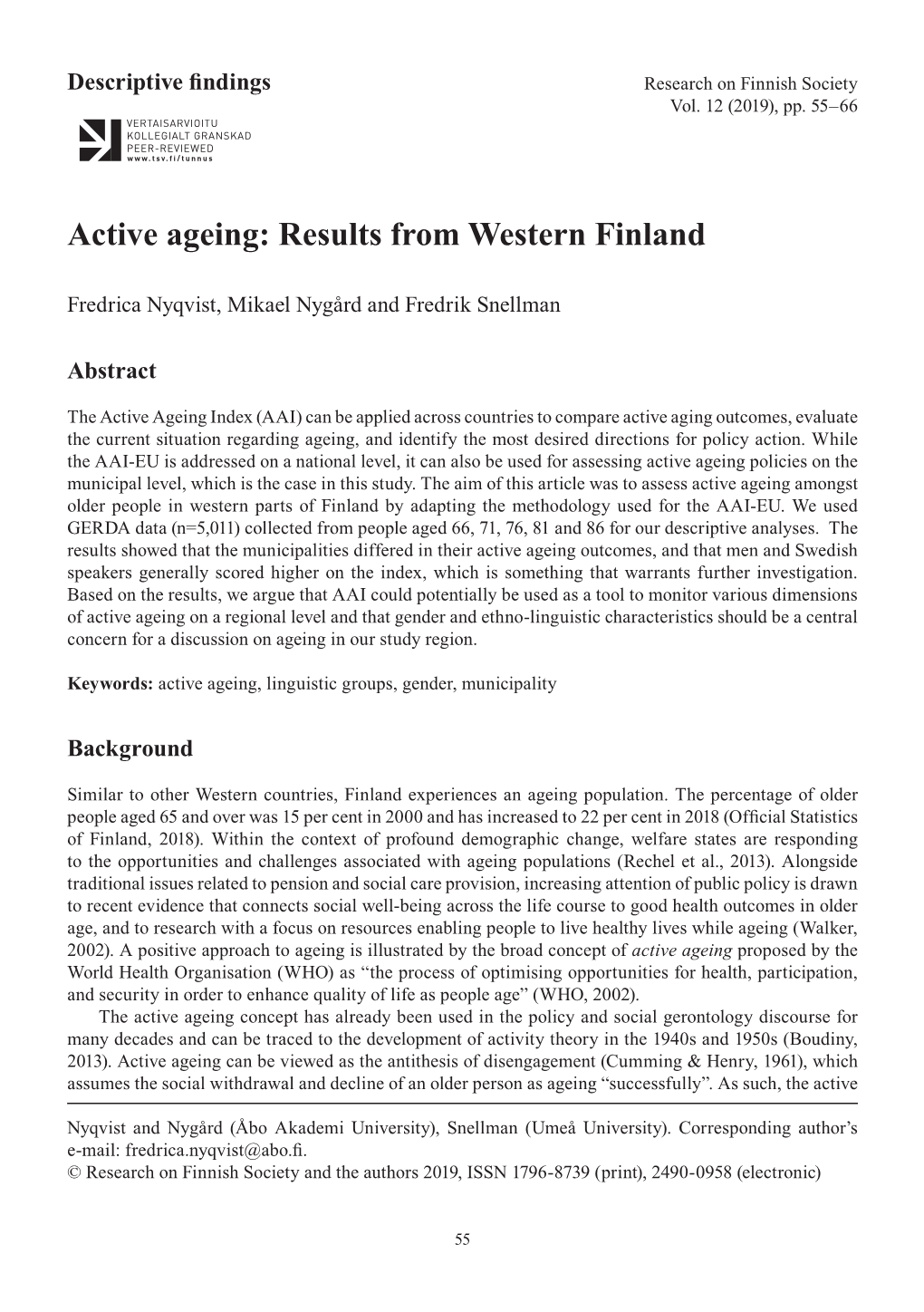 Active Ageing: Results from Western Finland