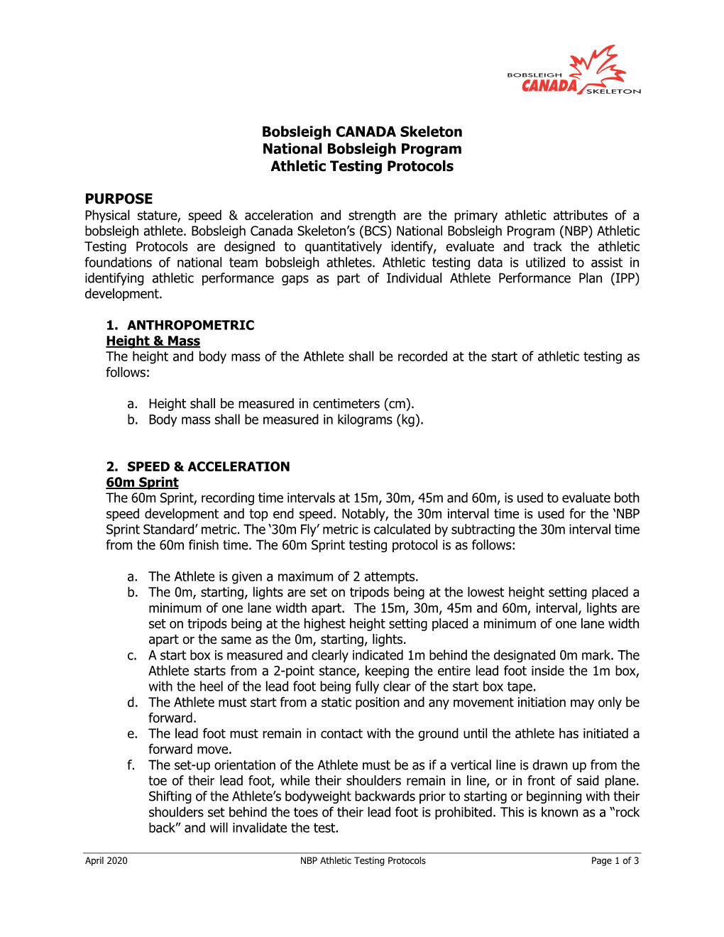 NBP Athletic Testing Protocols Page 1 of 3