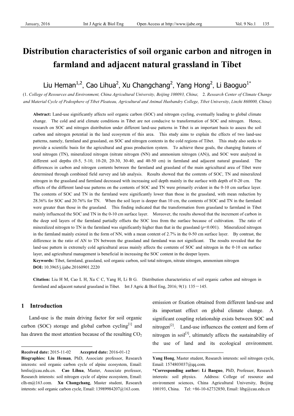 Distribution Characteristics of Soil Organic Carbon and Nitrogen in Farmland and Adjacent Natural Grassland in Tibet