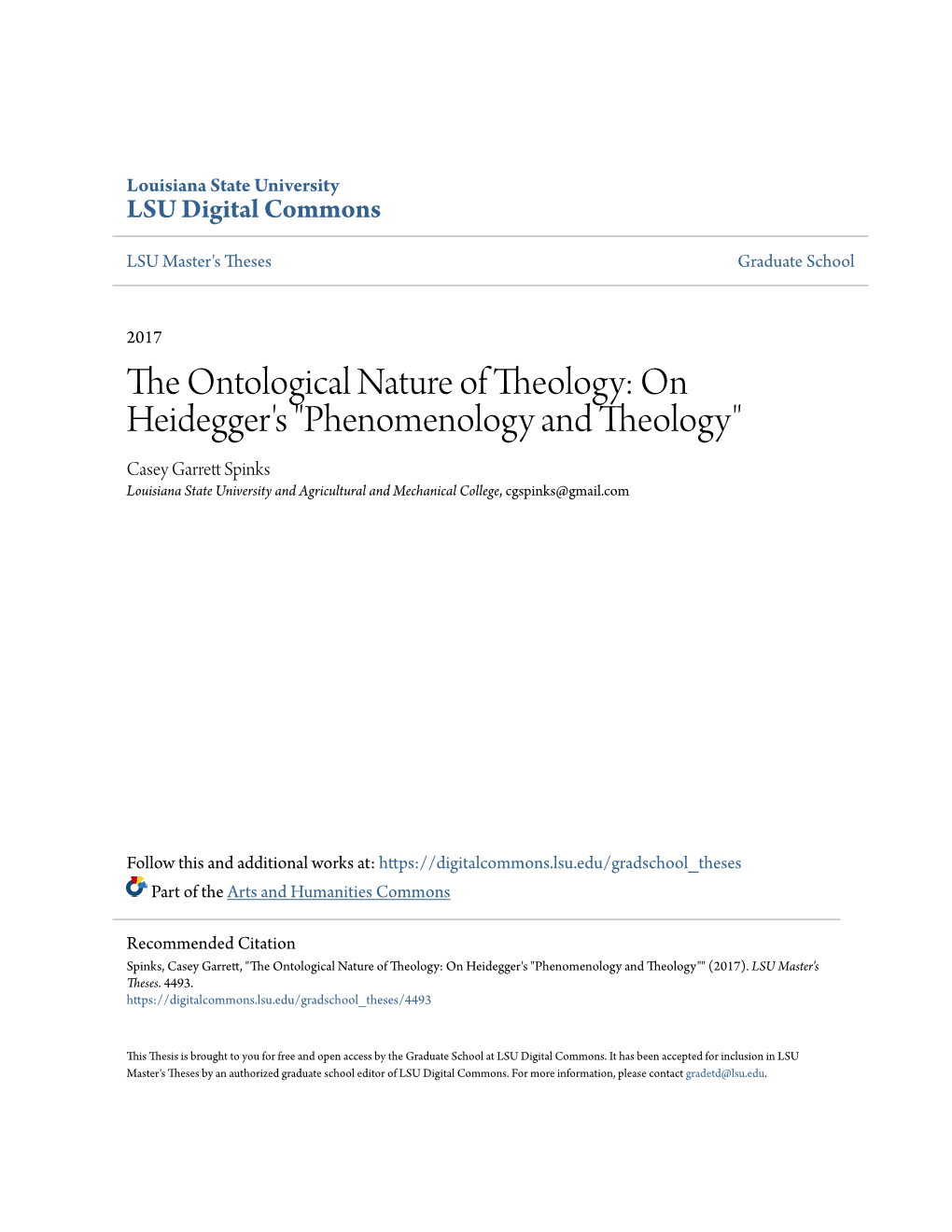 On Heidegger's "Phenomenology and Theology" Casey Garrett Pinks S Louisiana State University and Agricultural and Mechanical College, Cgspinks@Gmail.Com