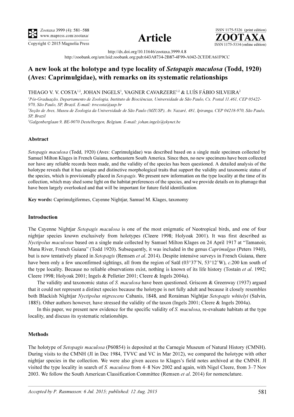 A New Look at the Holotype and Type Locality of Setopagis Maculosa (Todd, 1920) (Aves: Caprimulgidae), with Remarks on Its Systematic Relationships