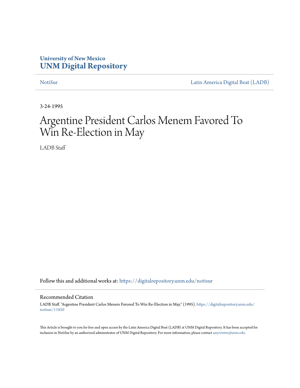 Argentine President Carlos Menem Favored to Win Re-Election in May LADB Staff