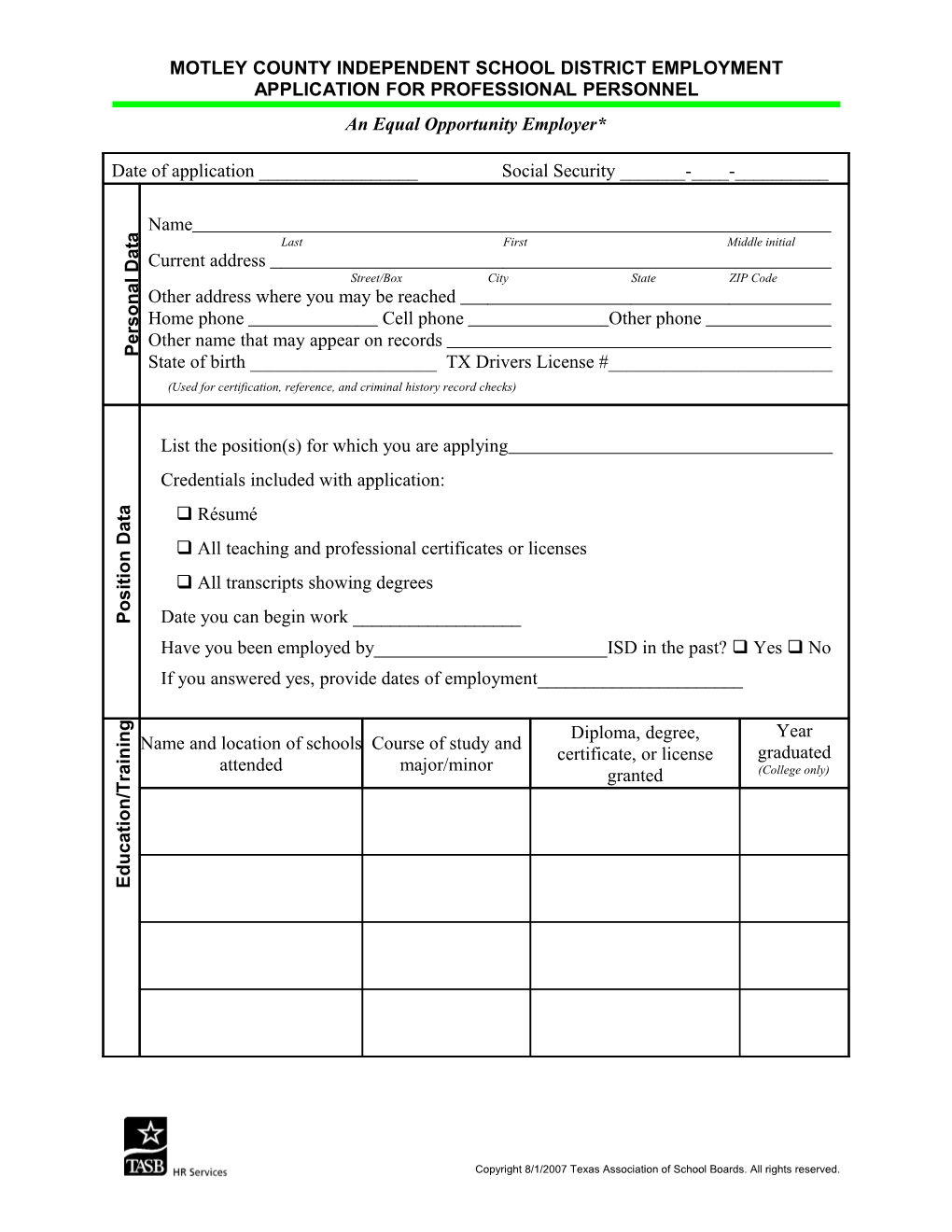 Sample Employment Application for Professional Personnel