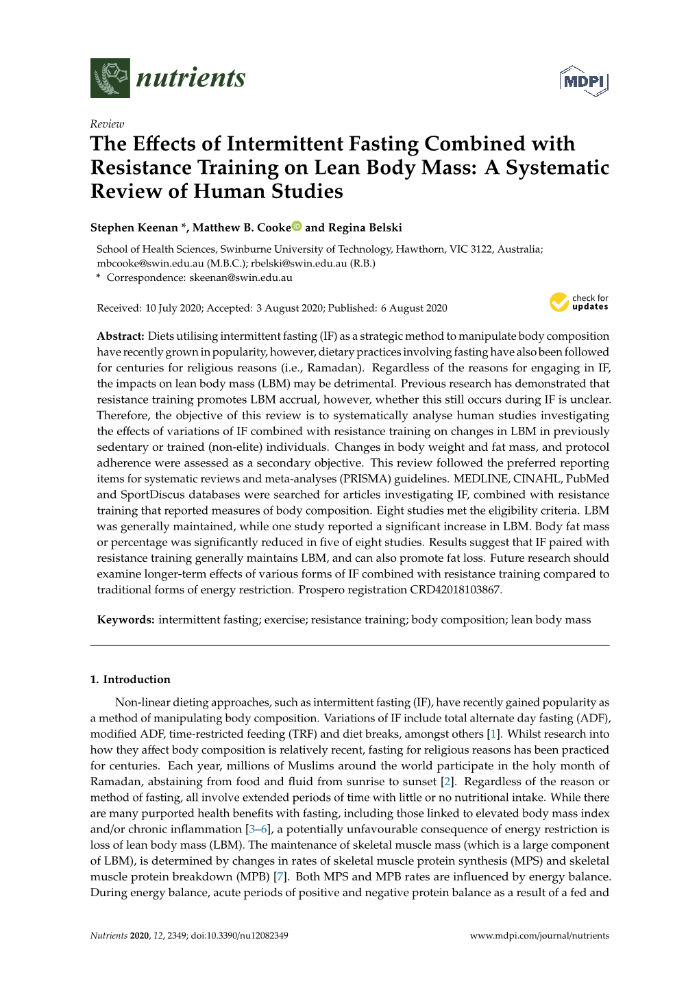 The Effects of Intermittent Fasting Combined with Resistance Training on Lean Body Mass: a Systematic Review of Human Studies