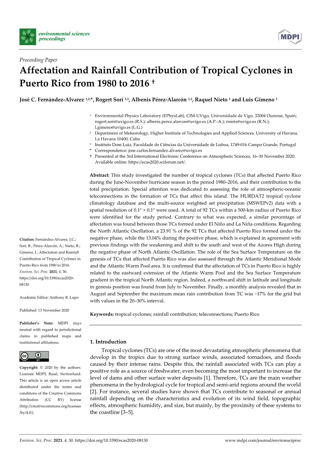 Affectation and Rainfall Contribution of Tropical Cyclones in Puerto Rico from 1980 to 2016 †