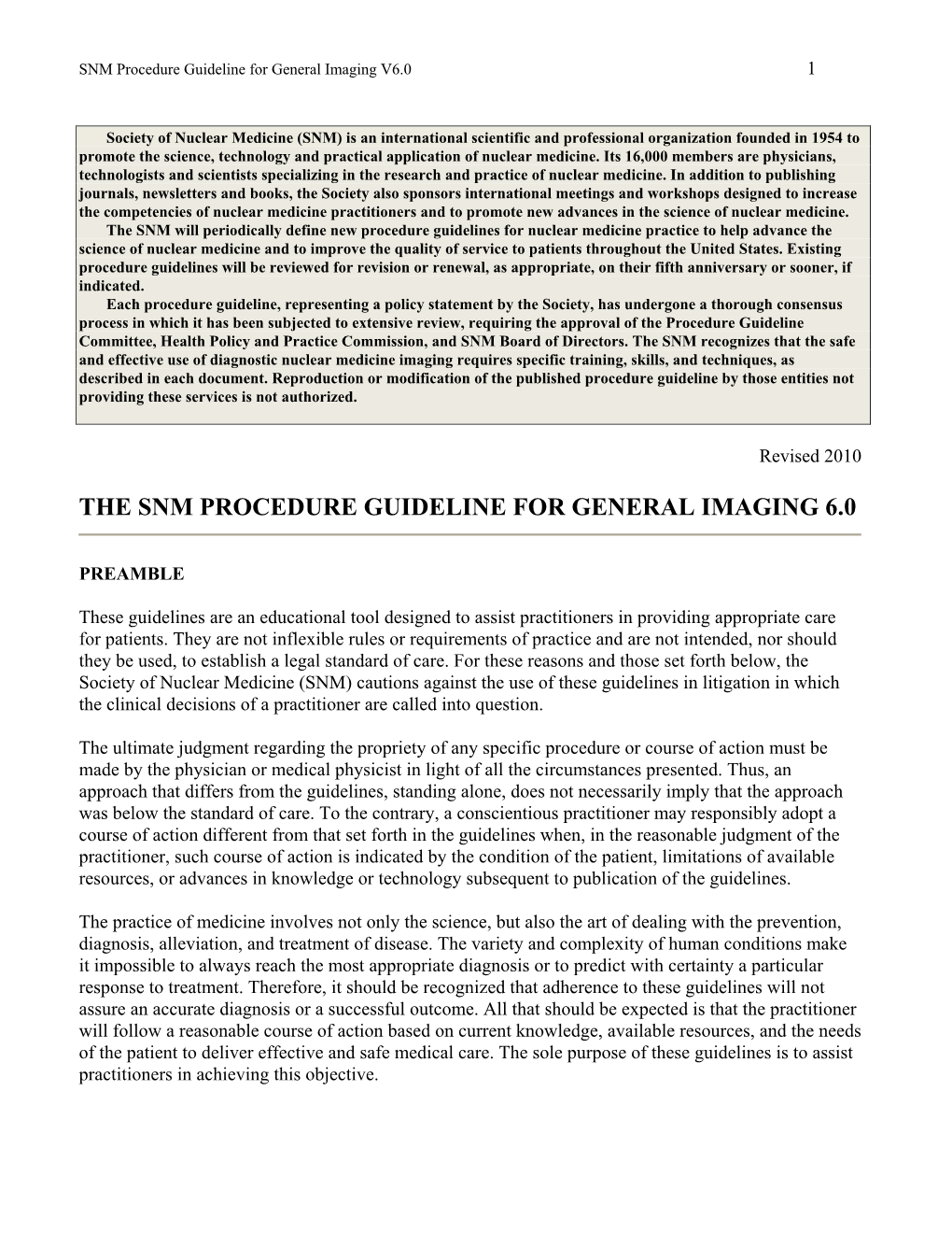 The Snm Procedure Guideline for General Imaging 6.0