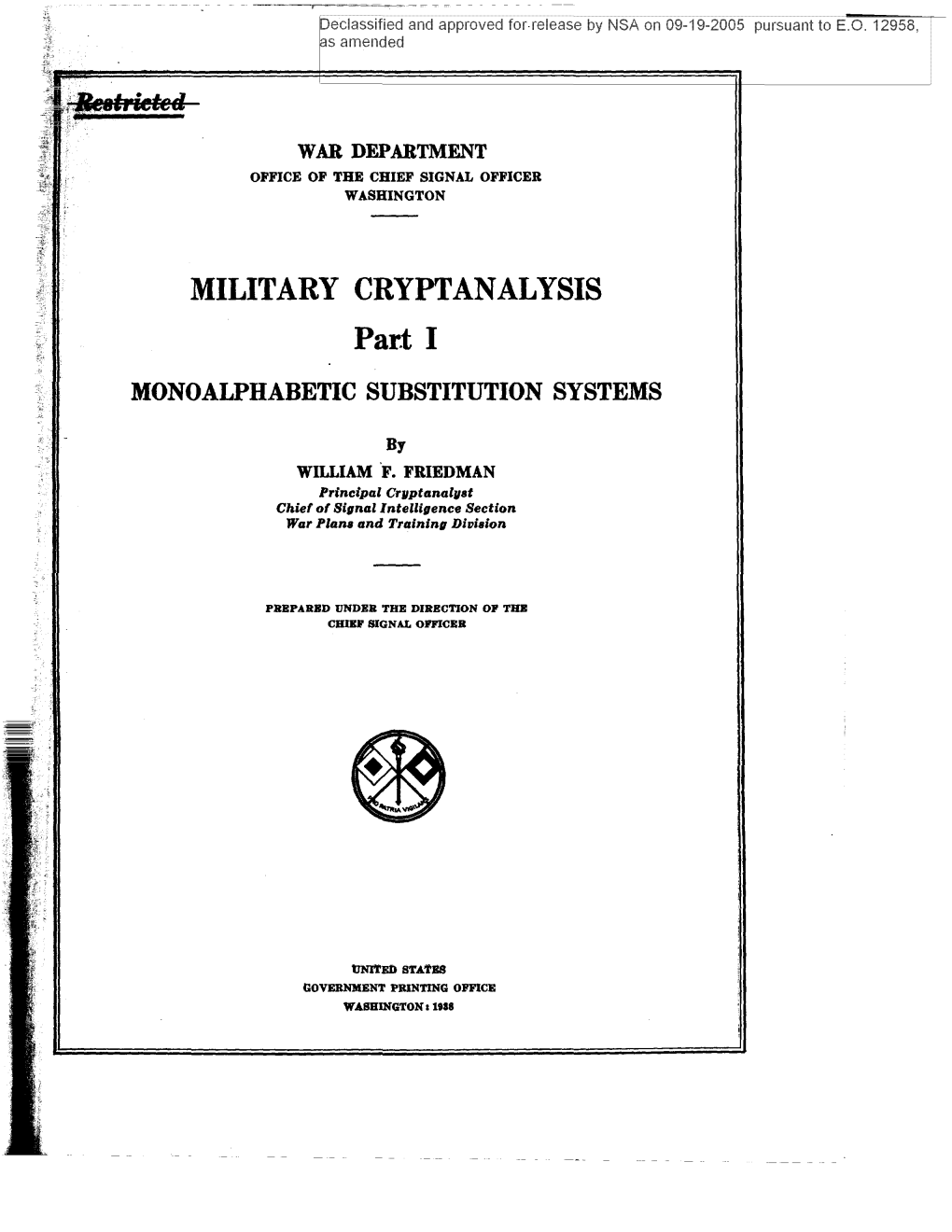 MILITARY CRYPTANALYSIS Par.T I MONOALPHABETIC SUBSTITUTION SYSTEMS