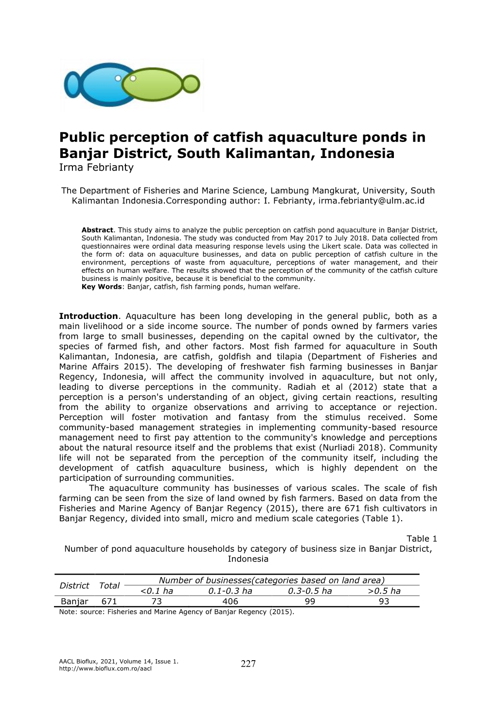 Febrianty I., 2021 Public Perception of Catfish Aquaculture Ponds in Banjar District, South Kalimantan, Indonesia