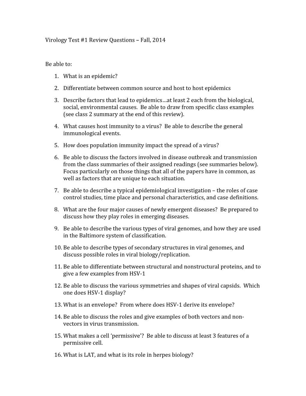 Virology Test #1 Review Questions Fall, 2014