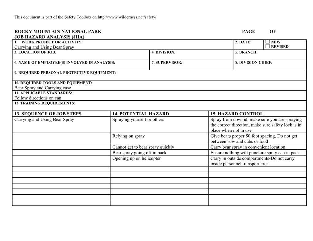 Job Hazard Analysis - Carrying and Using Bear Spray