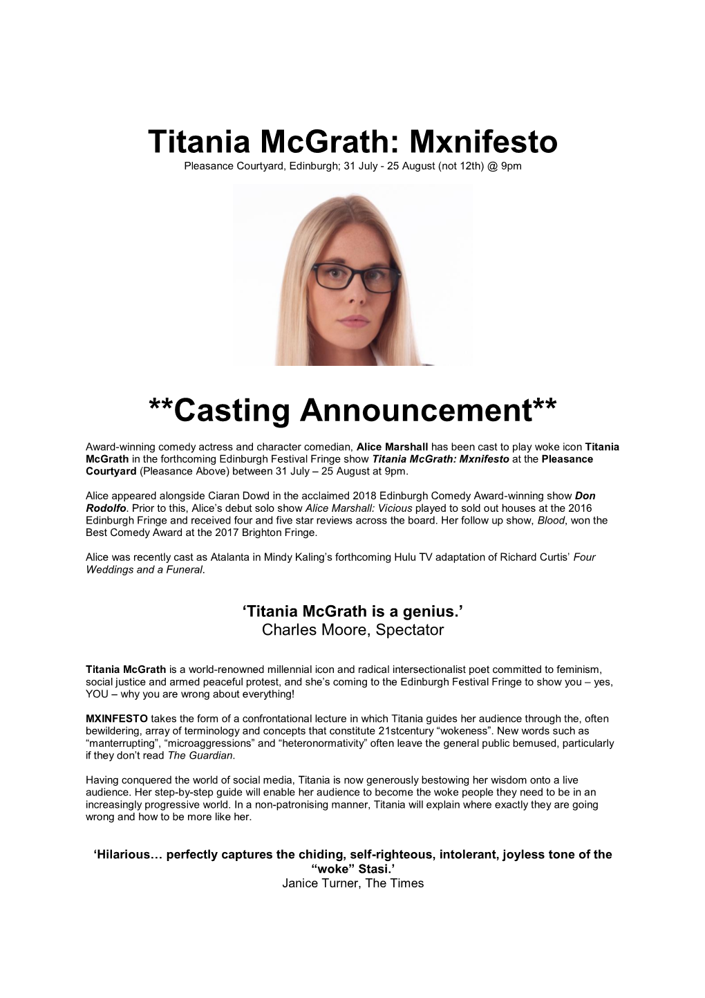 Titania Mcgrath: Mxnifesto Pleasance Courtyard, Edinburgh; 31 July - 25 August (Not 12Th) @ 9Pm