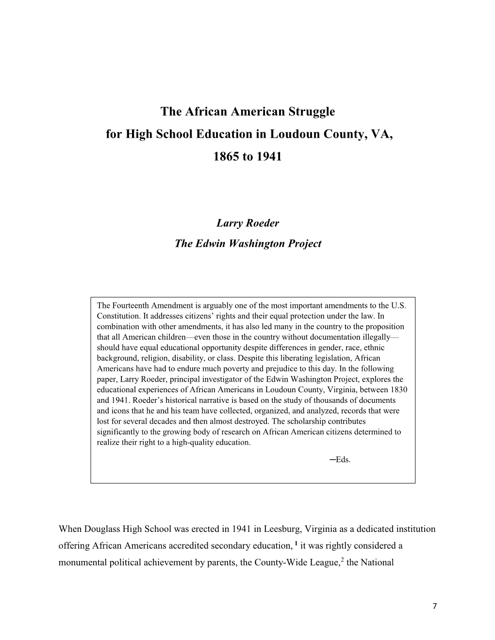 The African American Struggle for High School Education in Loudoun County, VA, 1865 to 1941