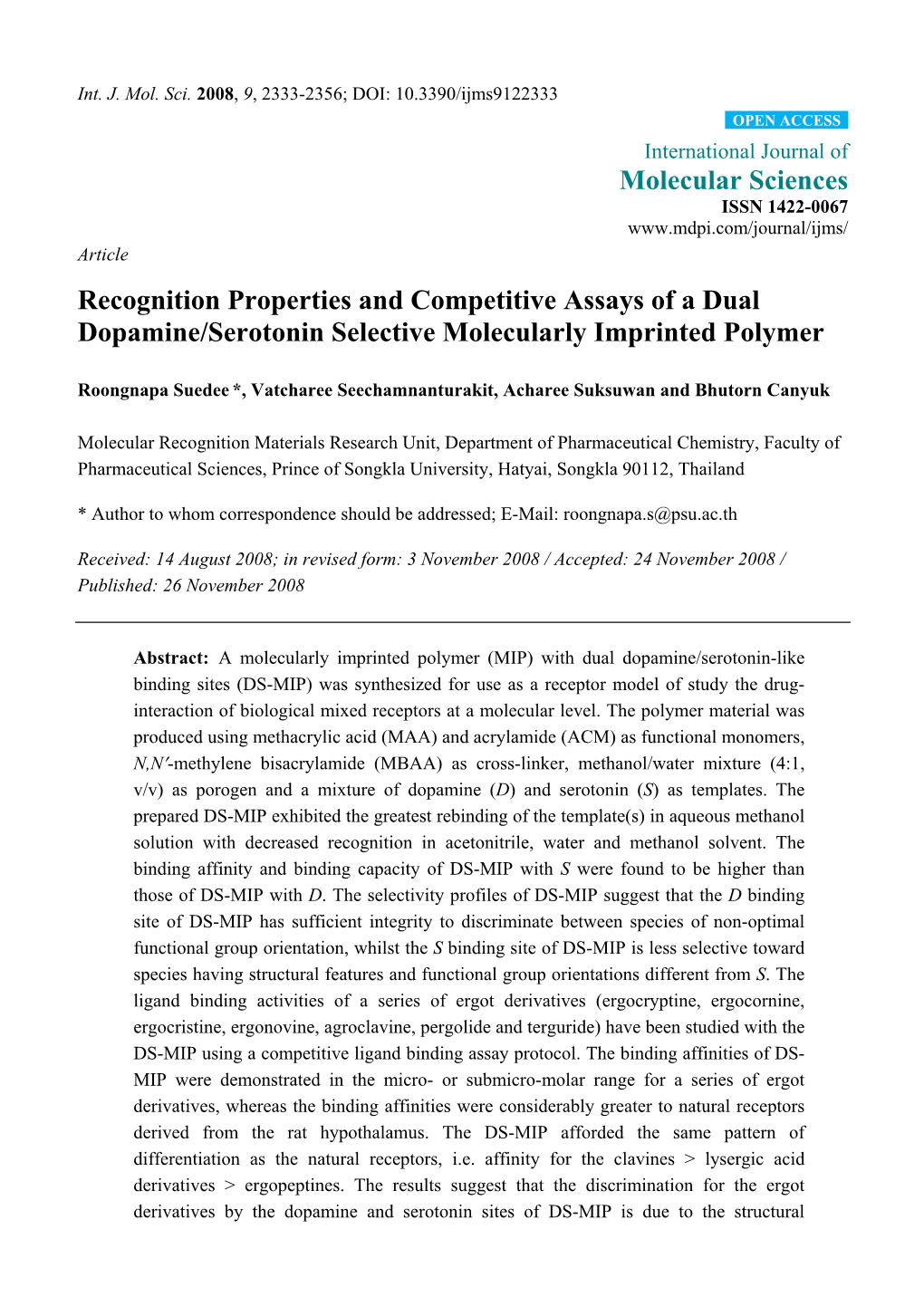 Recognition Properties and Competitive Assays of a Dual Dopamine/Serotonin Selective Molecularly Imprinted Polymer