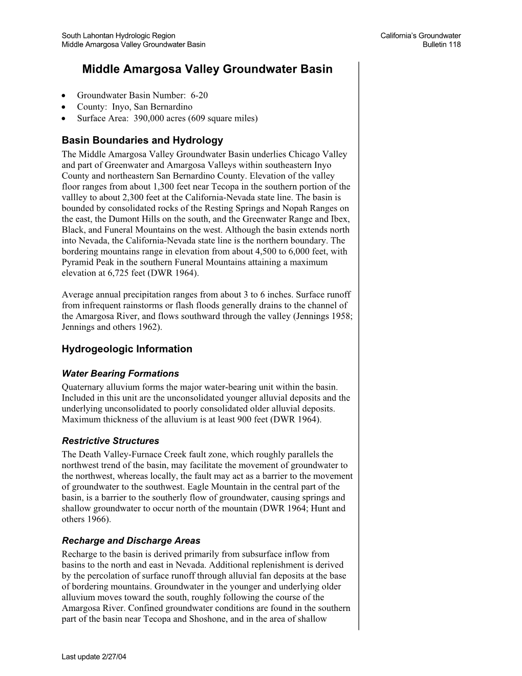 Middle Amargosa Valley Groundwater Basin Bulletin 118