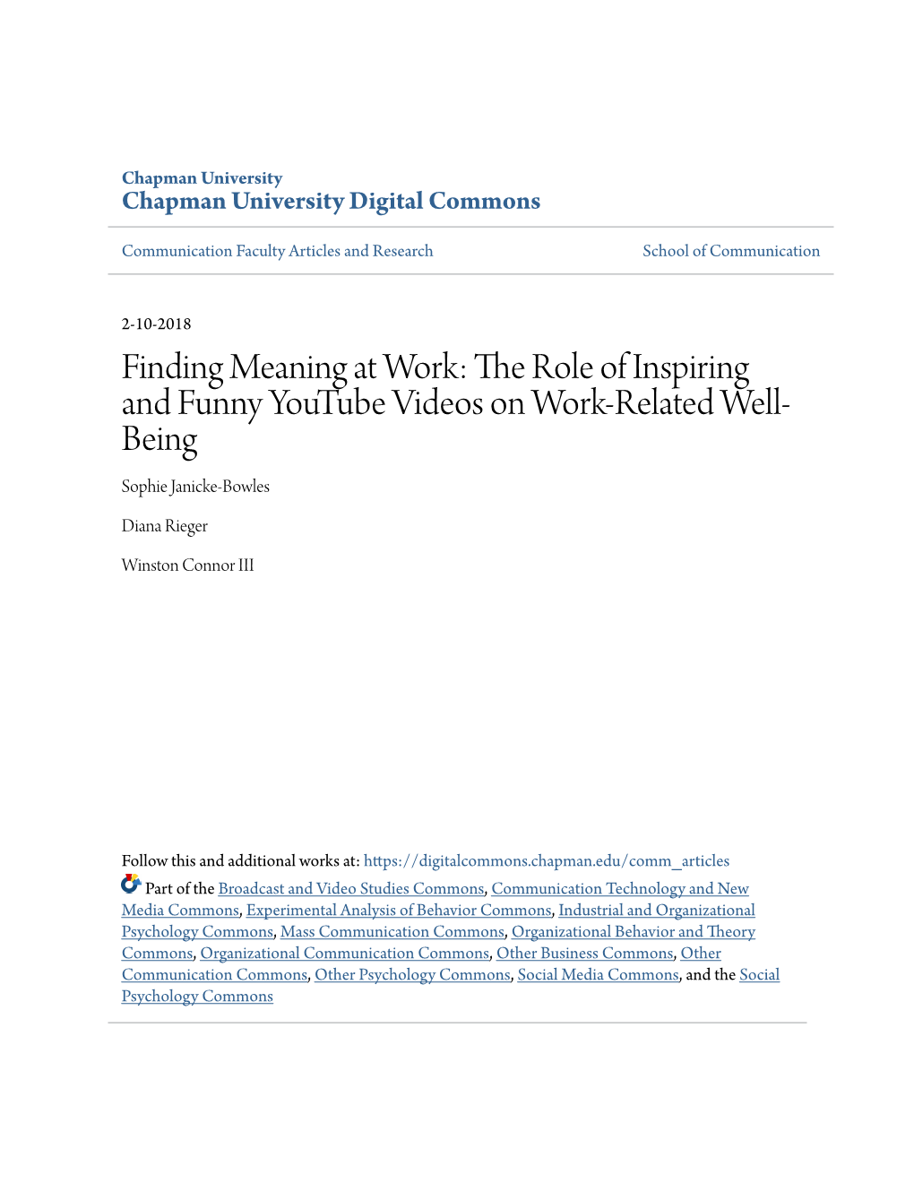 Finding Meaning at Work: the Role of Inspiring and Funny Youtube Videos on Work-Related Well- Being Sophie Janicke-Bowles