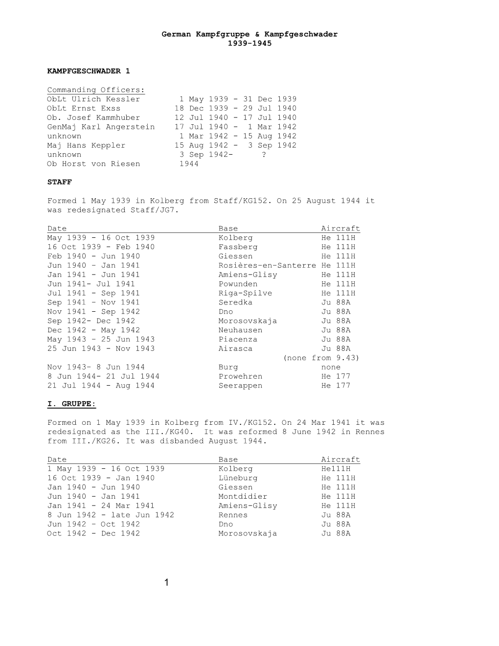 German Luftwaffe Kampfgruppe & Kampfgeschwader, 1939-1945