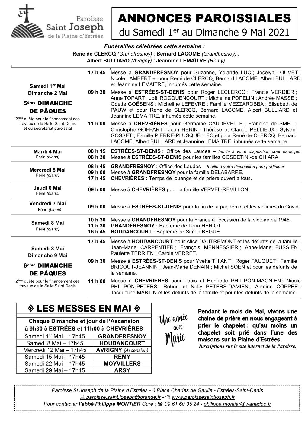 ANNONCES PAROISSIALES Du Samedi 1Er Au Dimanche 9 Mai 2021