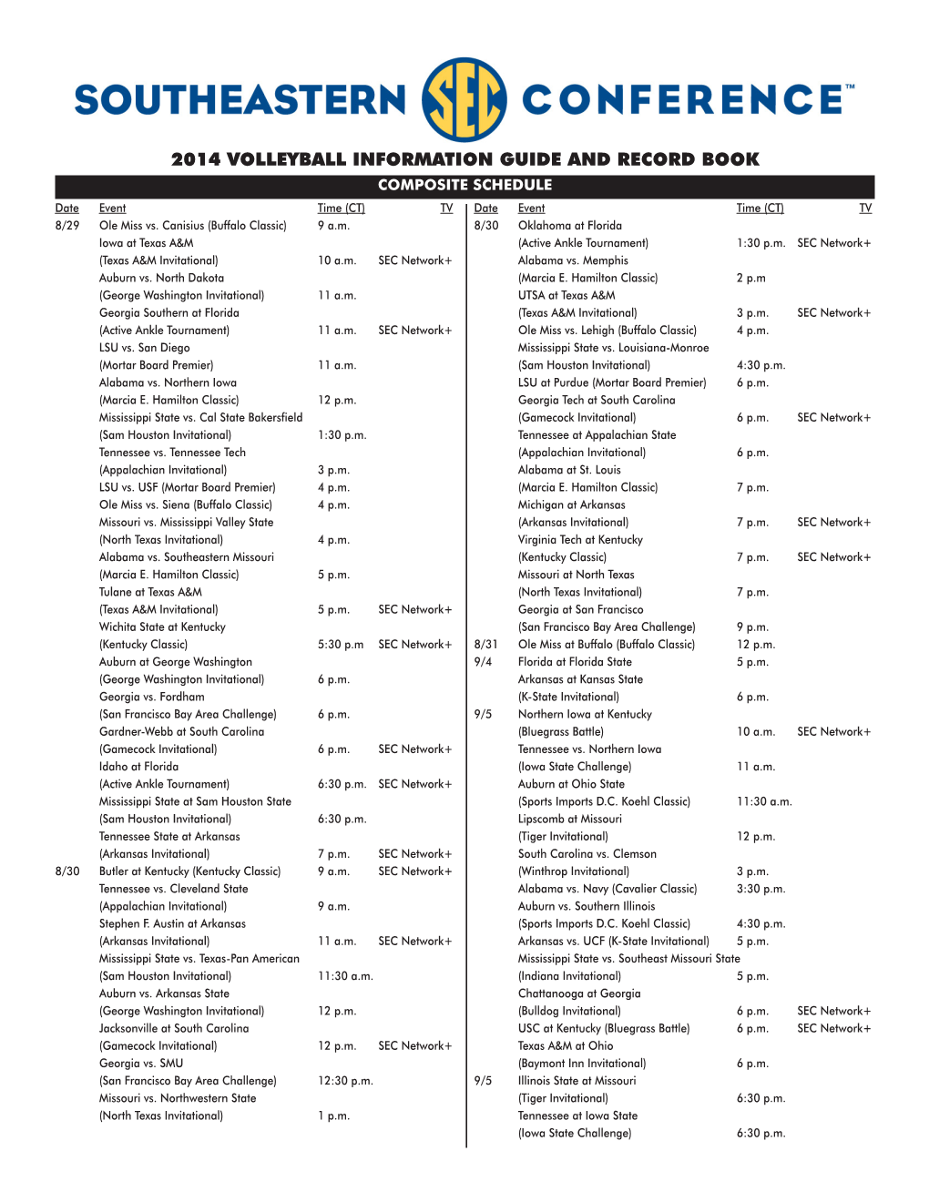 2014 VOLLEYBALL INFORMATION GUIDE and RECORD BOOK COMPOSITE SCHEDULE Date Event Time (CT) TV Date Event Time (CT) TV 8/29 Ole Miss Vs