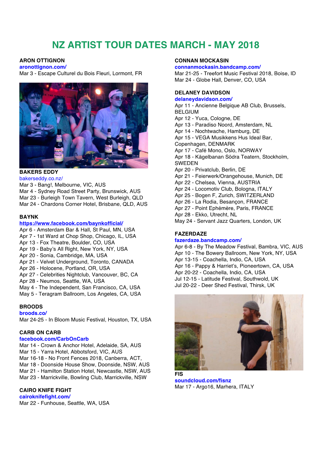 Nz Artist Tour Dates March - May 2018