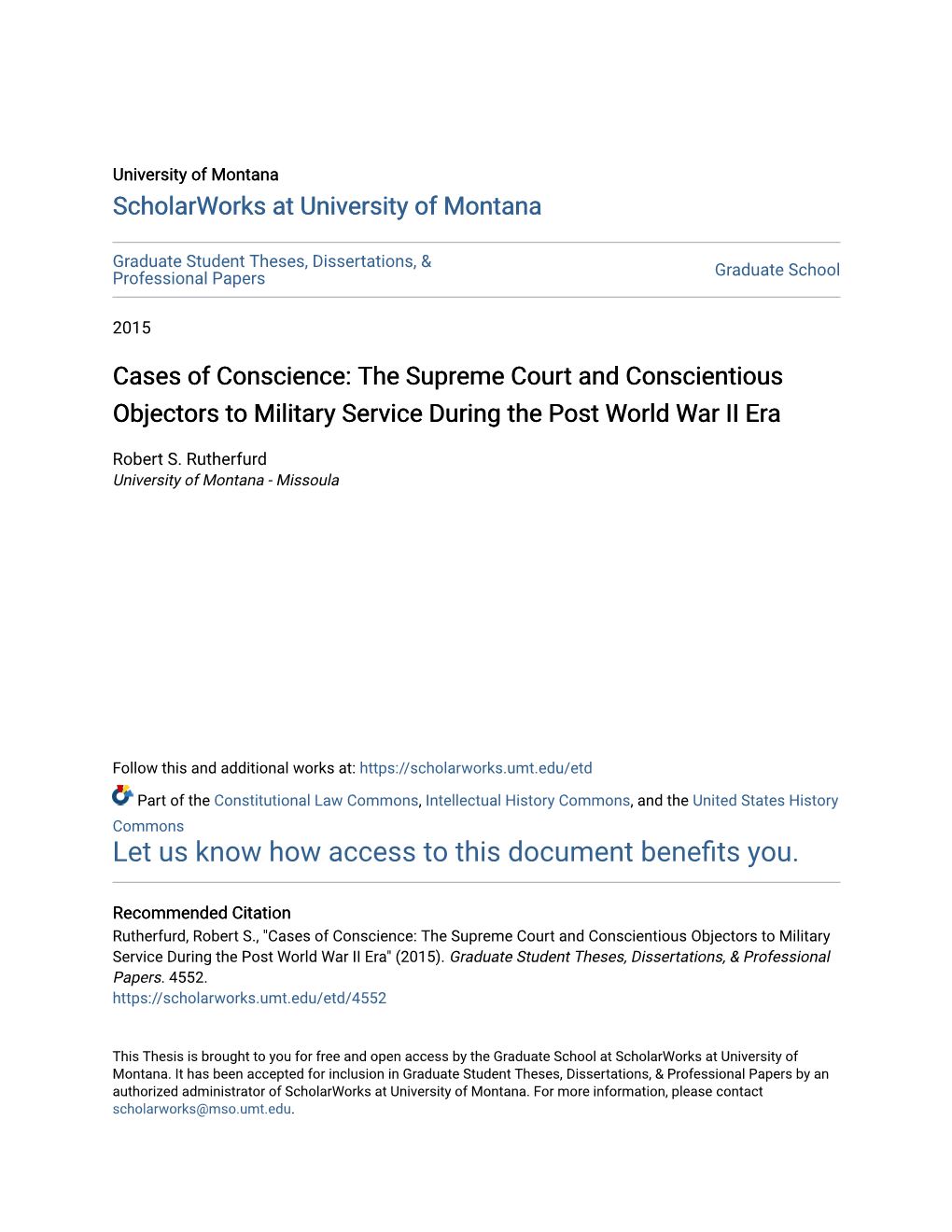 The Supreme Court and Conscientious Objectors to Military Service During the Post World War II Era