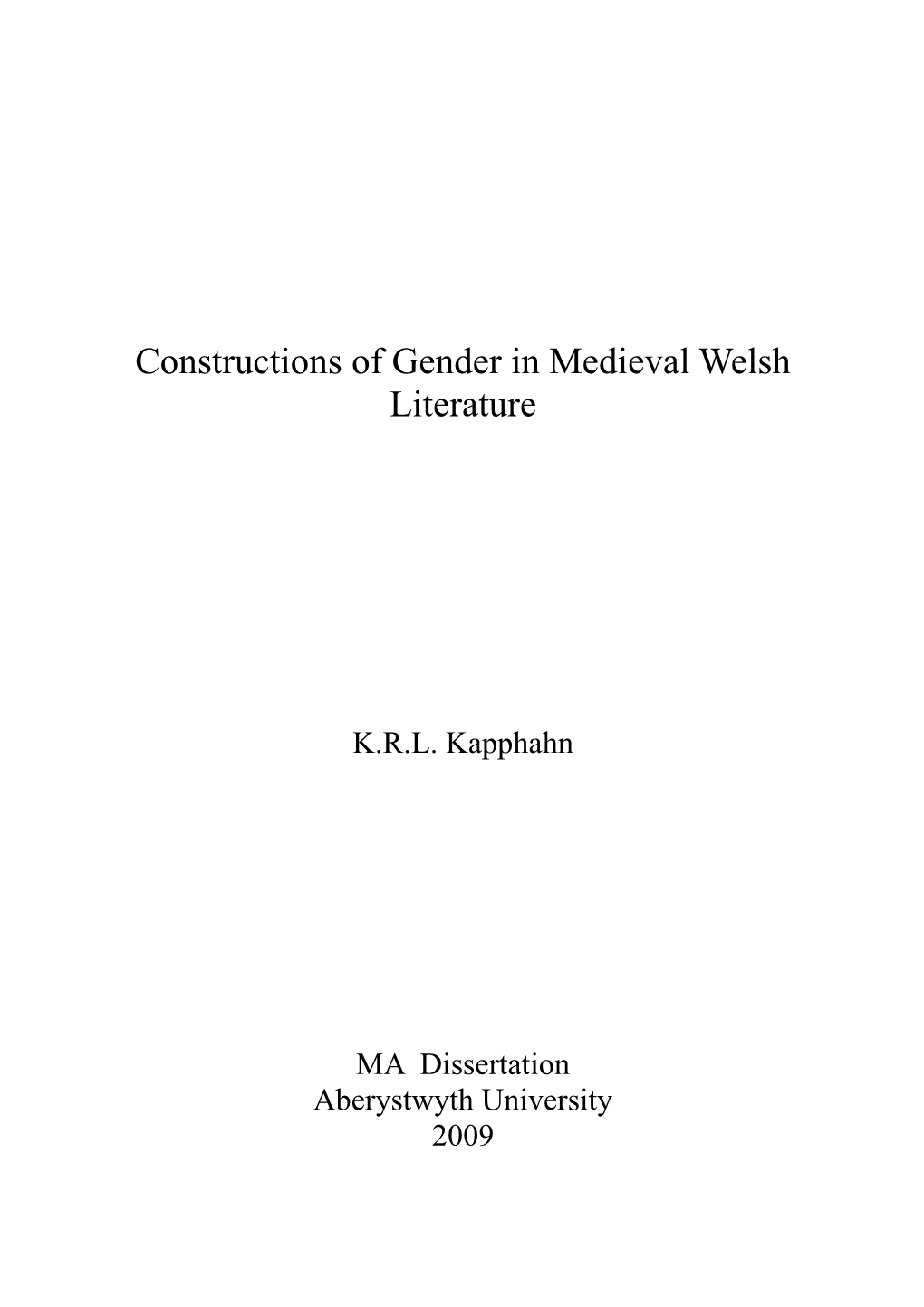 Constructions of Gender in Medieval Welsh Literature