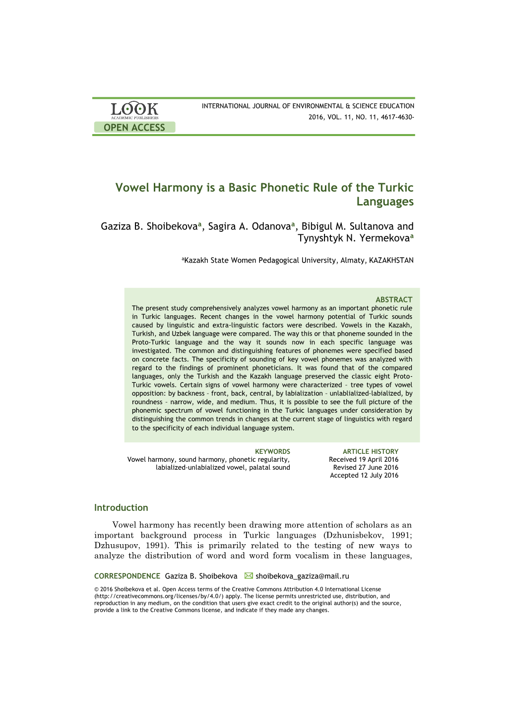 Vowel Harmony Is a Basic Phonetic Rule of the Turkic Languages