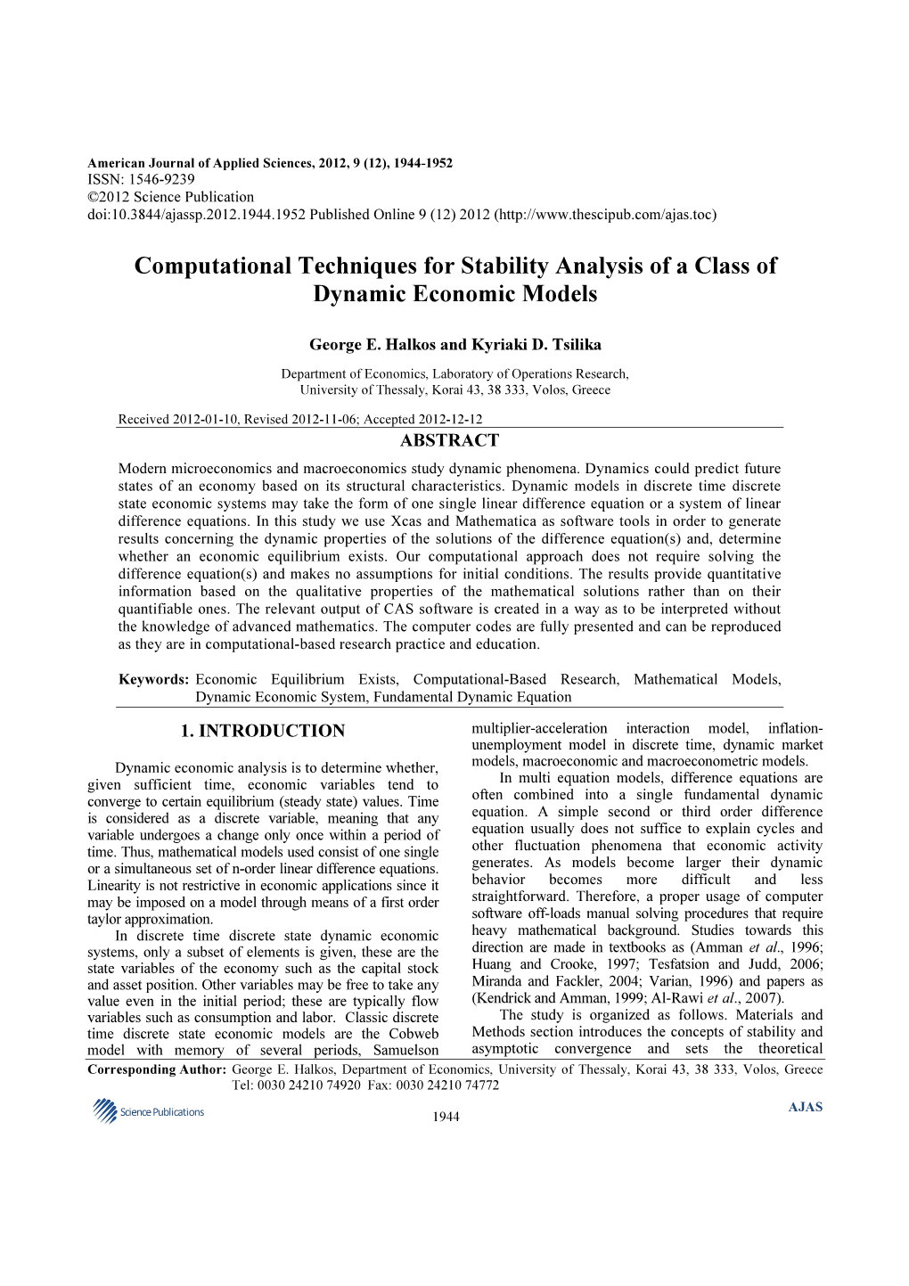 Computational Techniques for Stability Analysis of a Class of Dynamic Economic Models