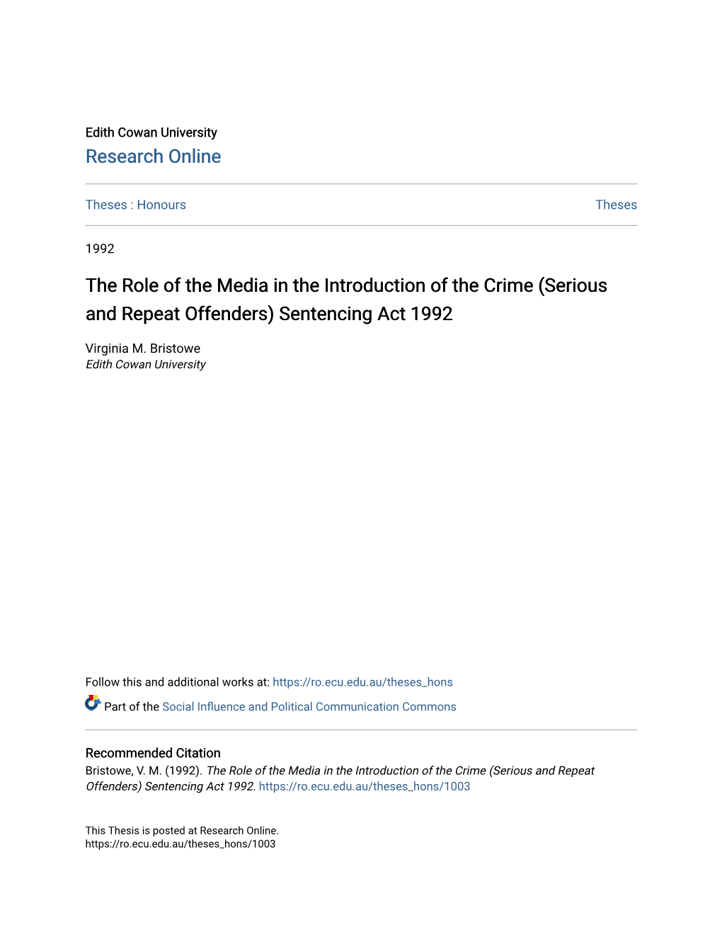 The Role of the Media in the Introduction of the Crime (Serious and Repeat Offenders) Sentencing Act 1992