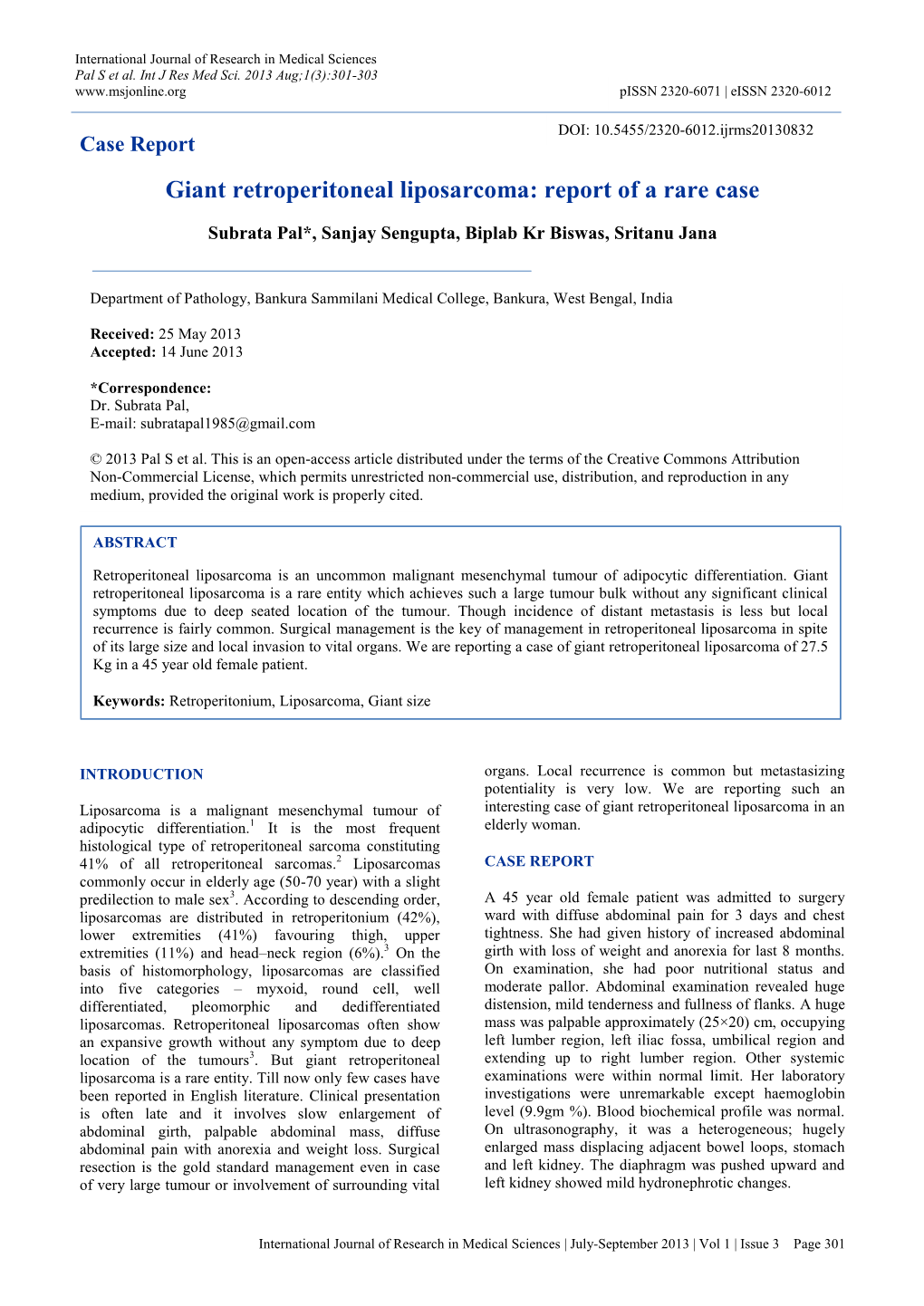 Giant Retroperitoneal Liposarcoma: Report of a Rare Case