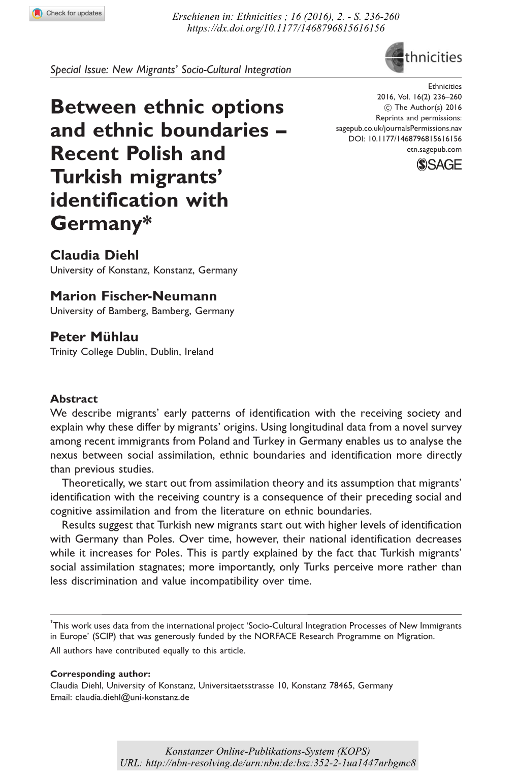 Between Ethnic Options and Ethnic Boundaries : Recent Polish and Turkish Migrants' Identification with Germany