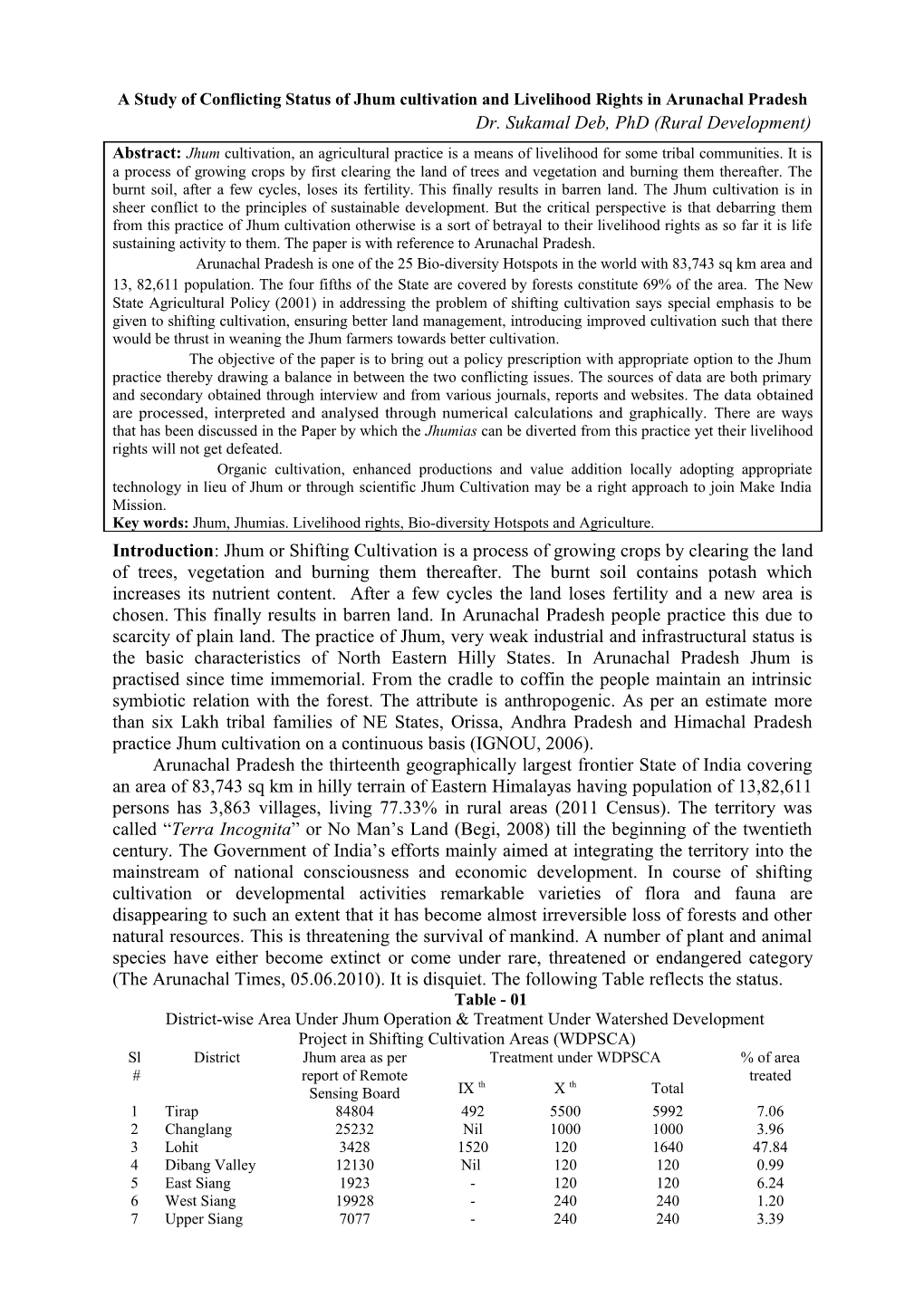 A Study of Conflicting Status of Jhum Cultivation and Livelihood Rights in Arunachal Pradesh