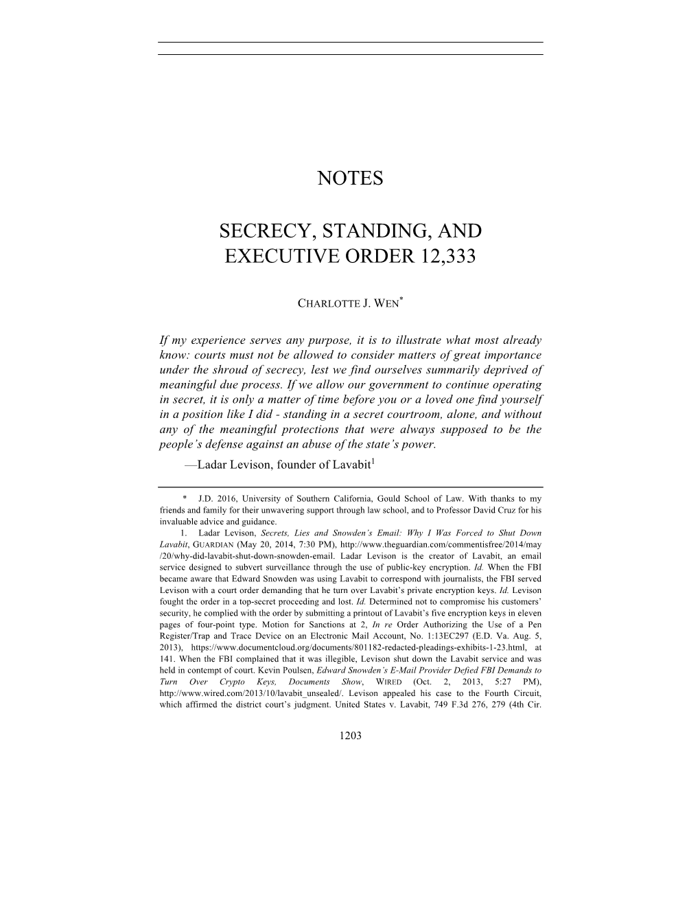 Notes Secrecy, Standing, and Executive Order 12,333