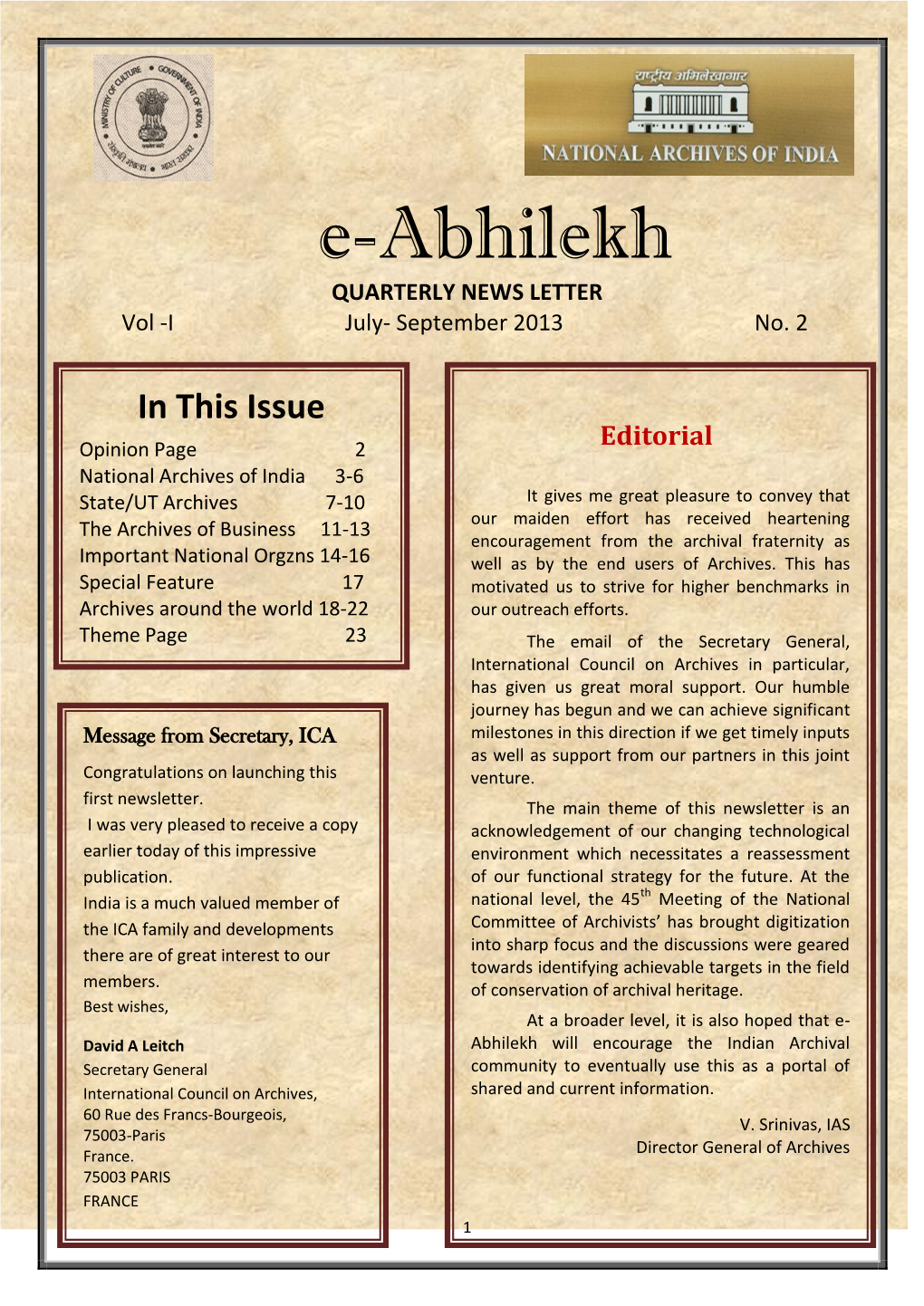 E-Abhilekh QUARTERLY NEWS LETTER Vol -I July- September 2013 No