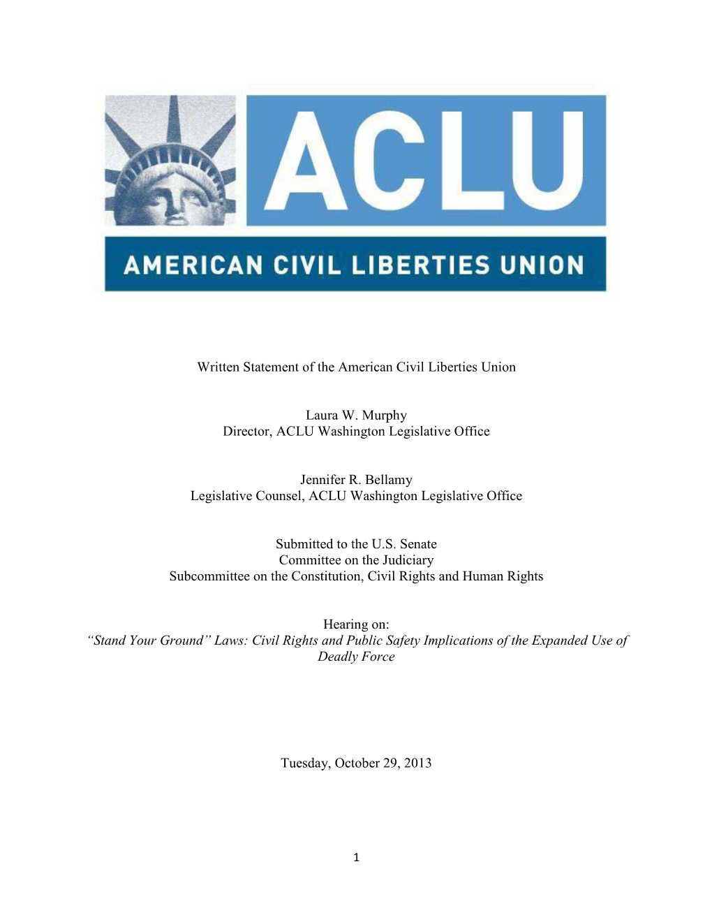 Written Statement of the American Civil Liberties Union Laura W
