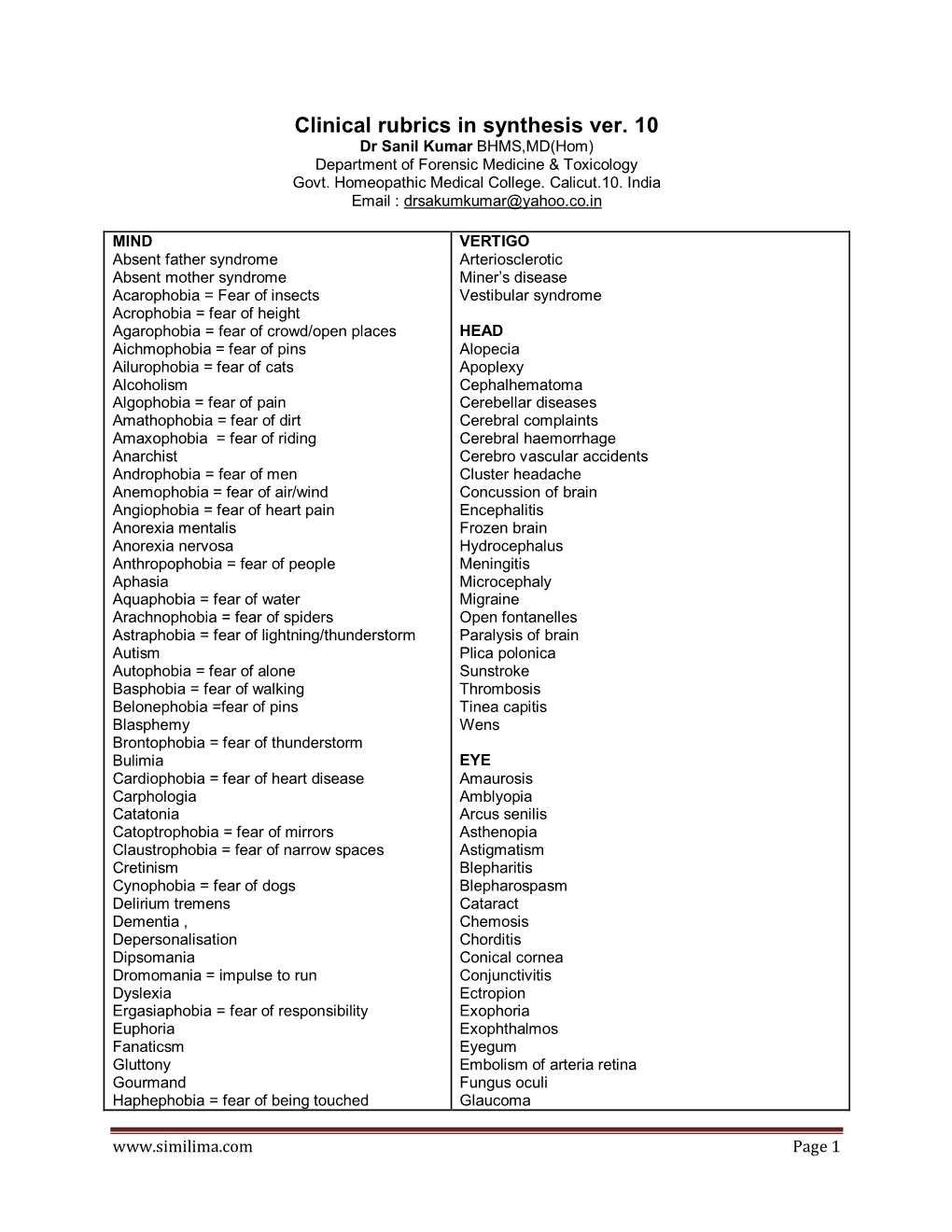 Clinical Rubrics in Synthesis Ver. 10 Dr Sanil Kumar BHMS,MD(Hom) Department of Forensic Medicine & Toxicology Govt