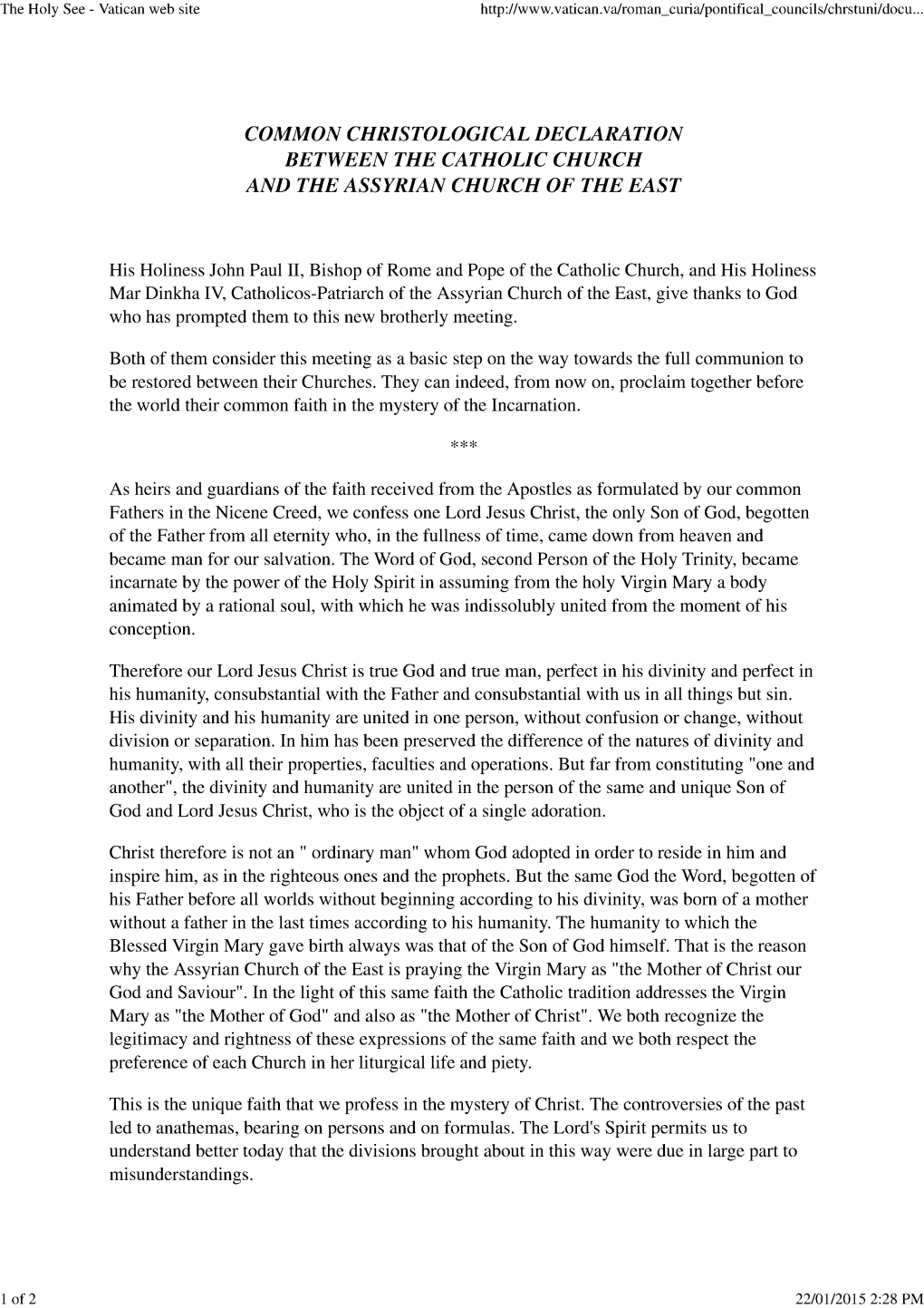 Common Christological Declaration Between the Catholic Church and the Assyrian Church of the East