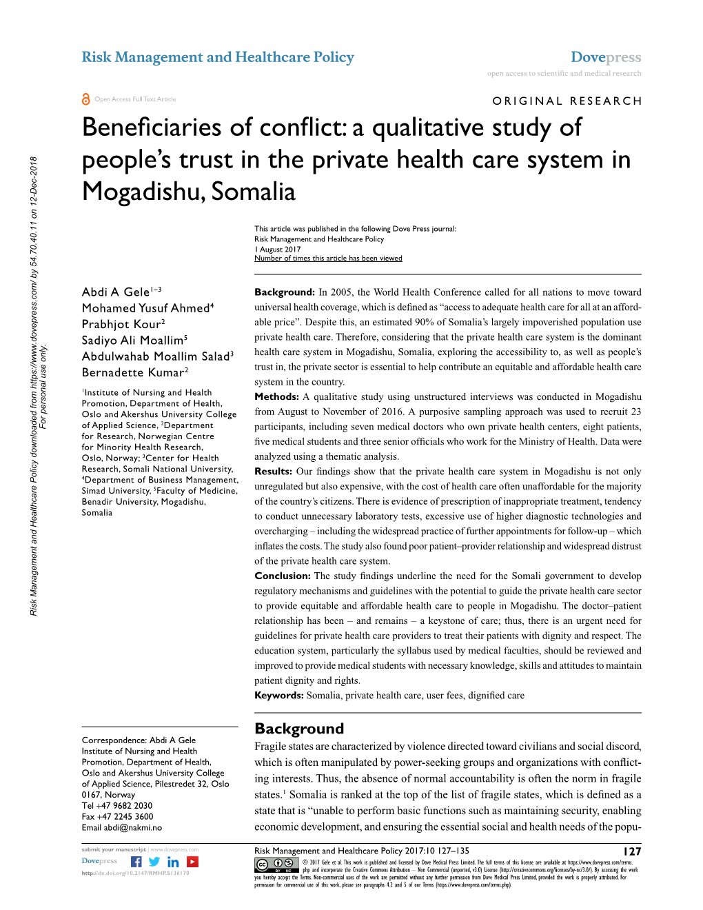 Beneficiaries of Conflict: a Qualitative Study of People's Trust in the Private Health Care System in Mogadishu, Somalia