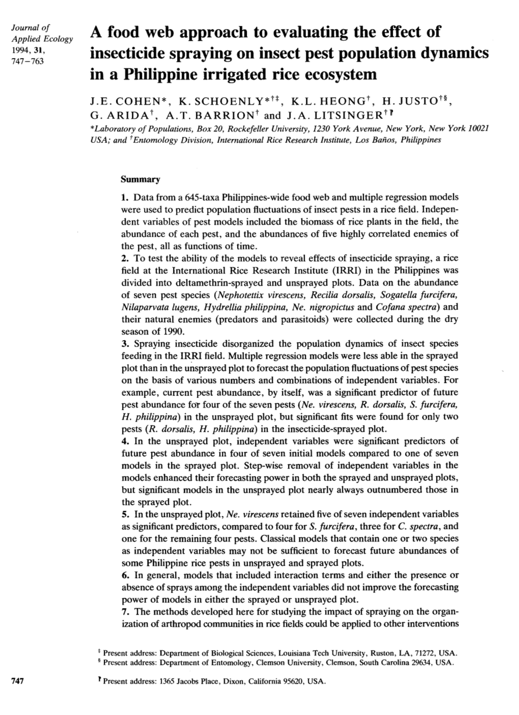 A Food Web Approach to Evaluating the Effect of Insecticide Spraying On